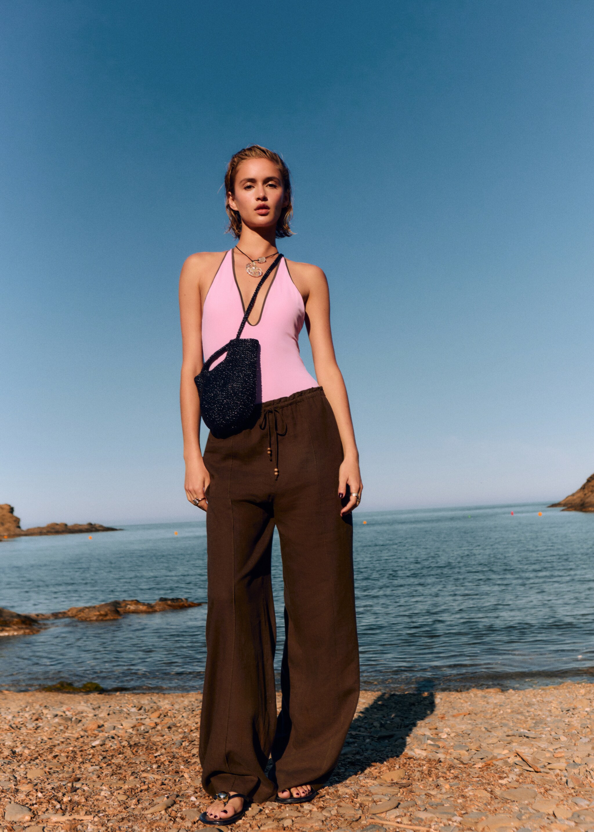 Linen-blend elastic waist pants - General plane