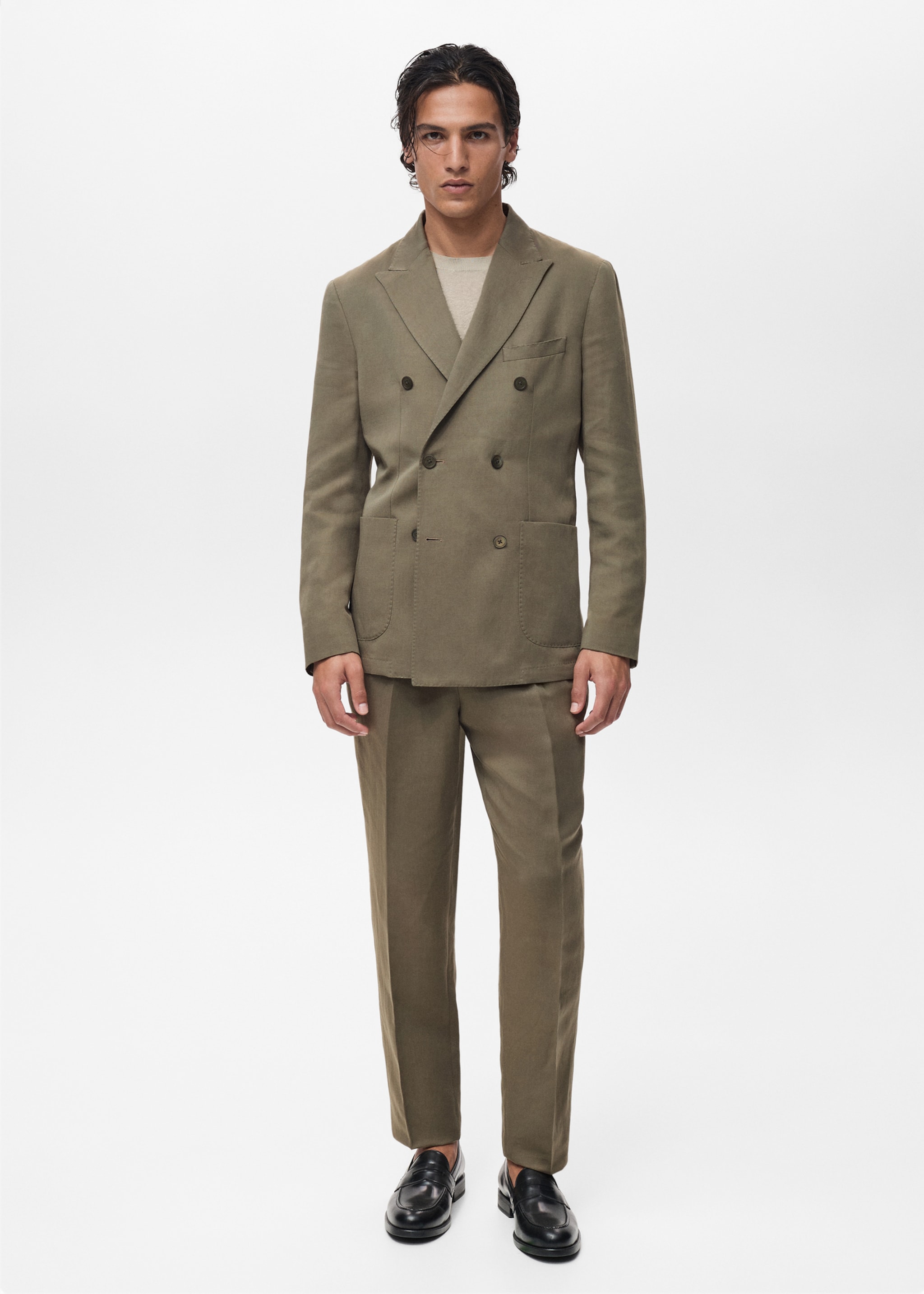 Slim-fit linen-blend double-breasted blazer - General plane